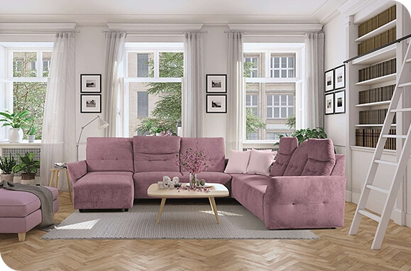 Wizualizacja wnętrza Meblomak z różową sofą